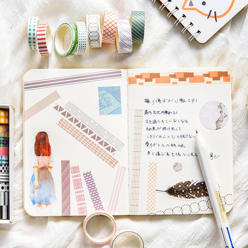 Hộp 10 cuộn washi tape + sticker nhiều hình cute dễ thương, băng dính washi tape CREAMY