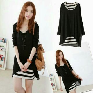 S,m,l,xl set đầm sọc kèm áo voan đen