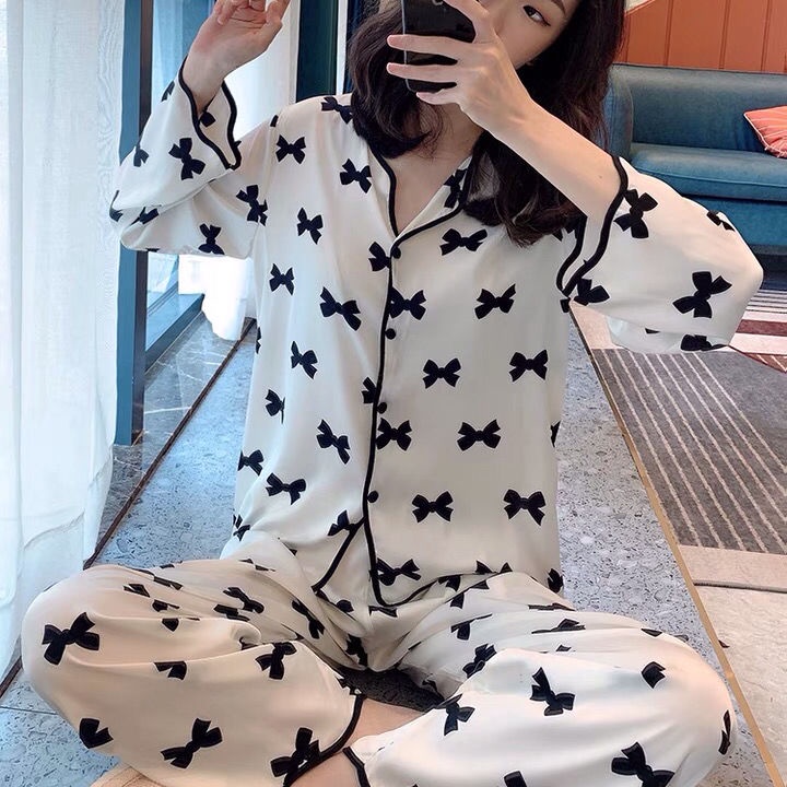 Bộ đồ ngủ tay ngắn màu trắng đen thiết kế đơn giản thời trang cho nữ