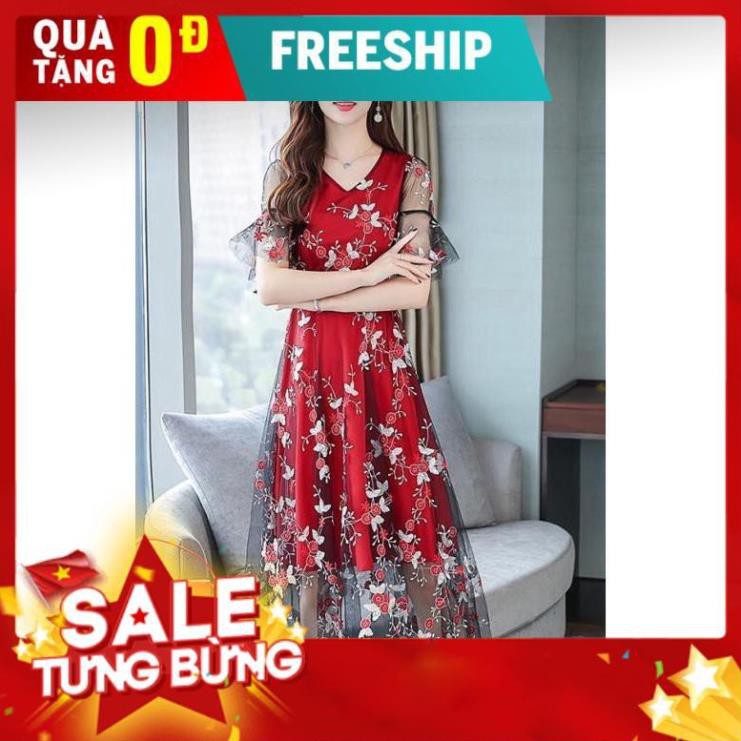 [ HOT ] ĐẦM XÒE NỮ PHỐI LƯỚI THÊU HOA TAY LOE CAO CẤP 3 MÀU ĐỎ XANH ĐEN ĐỦ SIZE - 80509