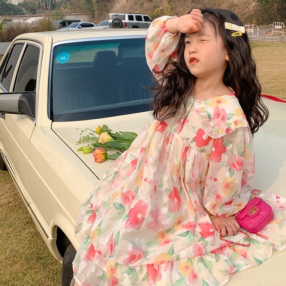 Đầm Voan Tay Dài Kiểu Hàn Quốc Dễ Thương Cho Bé Gái