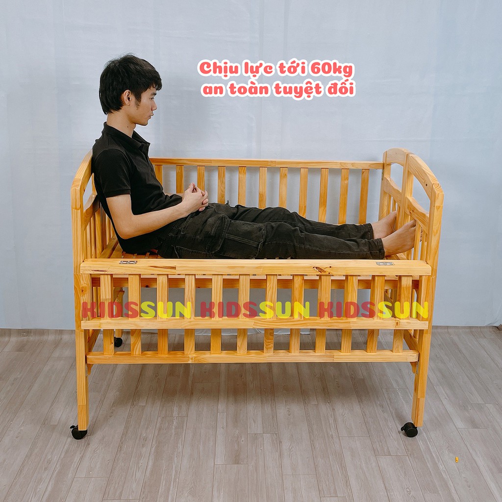 Nôi Cũi Gỗ Thông KIDSSUN Cho Trẻ Em Chịu Tải Lên Tới 60kg An Toàn Tuyệt Đối Tặng Kèm Bánh Xe BH 12 THáng Hàng Xuất Khẩu