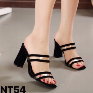 Guốc cao gót vuông 7p 2 quai ngang mica viền da lộn