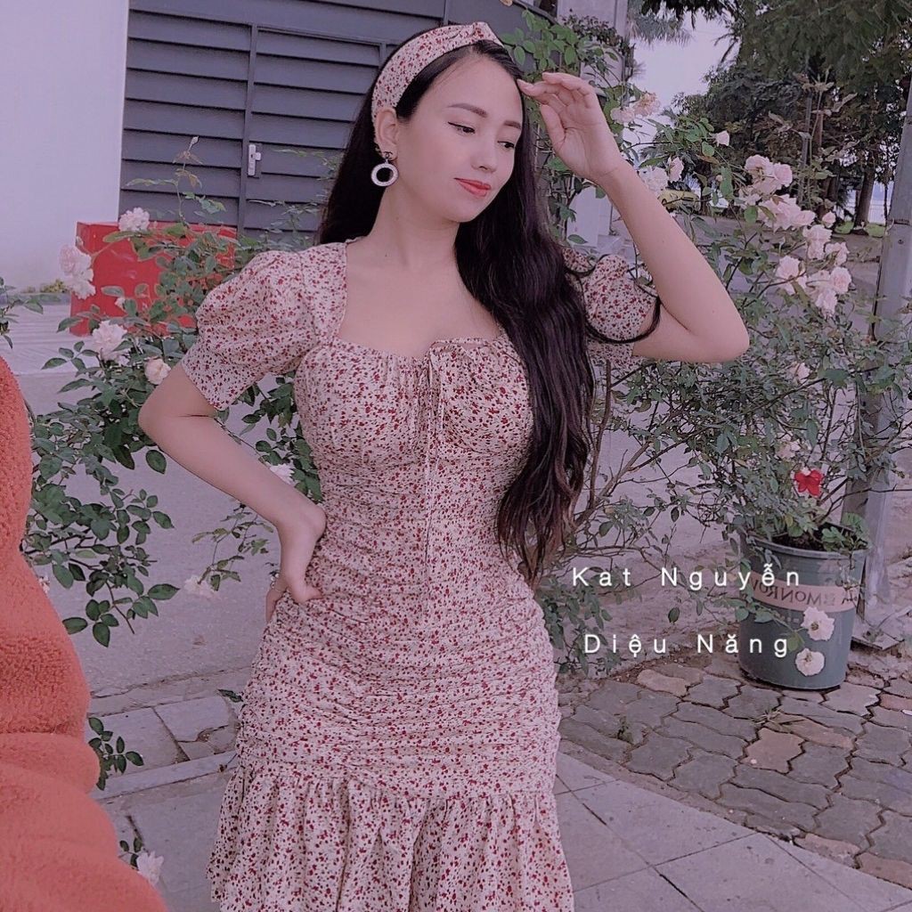 Váy Thiết Kế Body hoa nhí, váy hoa nhí nhăn đuôi cá xinh xắn, kèm khăn đầu - H&N Store 2 | BigBuy360 - bigbuy360.vn