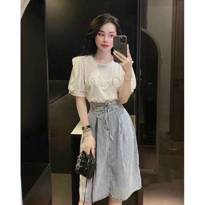 Chân váy bò jean xoè cạp chun cao thắt nơ siêu xinh mh ql ln