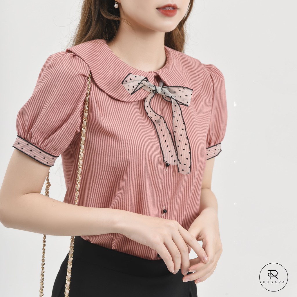 Áo sơ mi cộc tay nữ đẹp nhiều màu hạo tiết kẻ nhạt Rosara AM59 | BigBuy360 - bigbuy360.vn