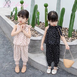 Bộ lụa hàn chấm bi hàng thiết kế cho bé gái từ 8-18kg