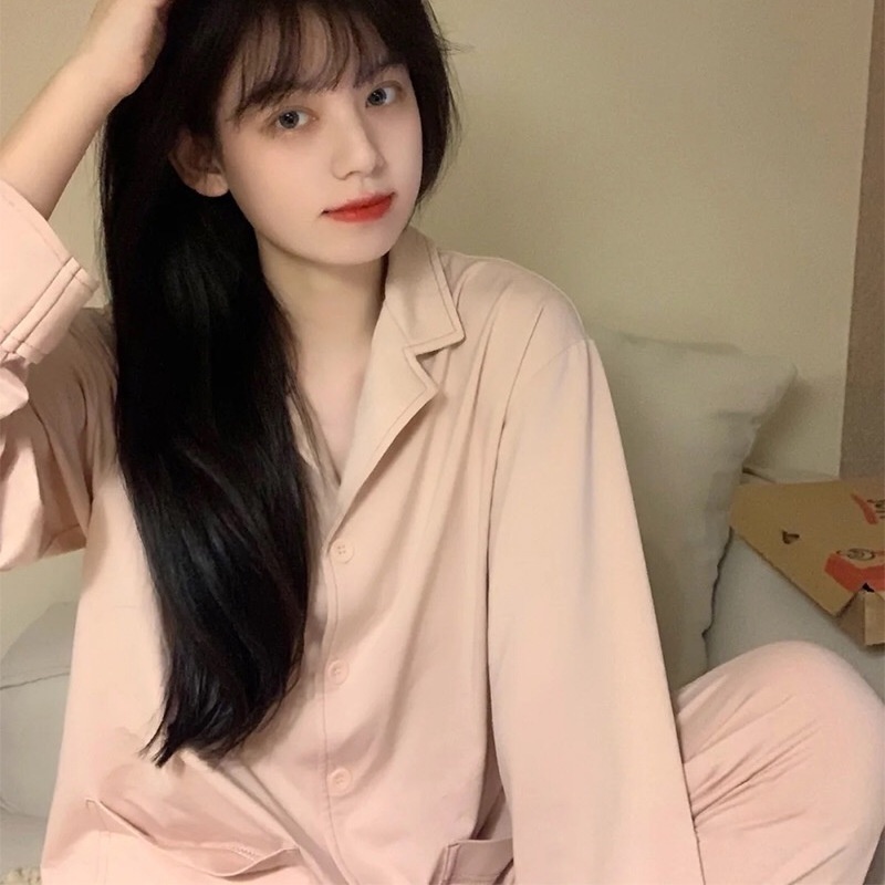 Bộ Đồ Ngủ Hai Mảnh Tay Dài Màu Hồng Đơn Giản Phong Cách Hàn Quốc Mới