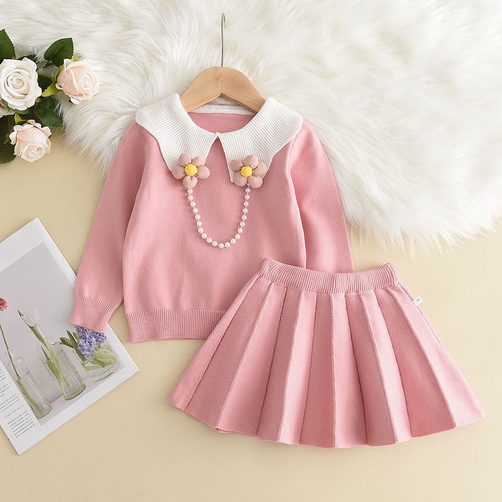 BEAR LEADER Set Đồ Mùa Thu 2 Món Gồm Áo Sweater Tay Dài In Họa Tiết Hoa Ba Chiều Và Quần Dệt Kim Cho Bé Gái 3-7 Tuổi