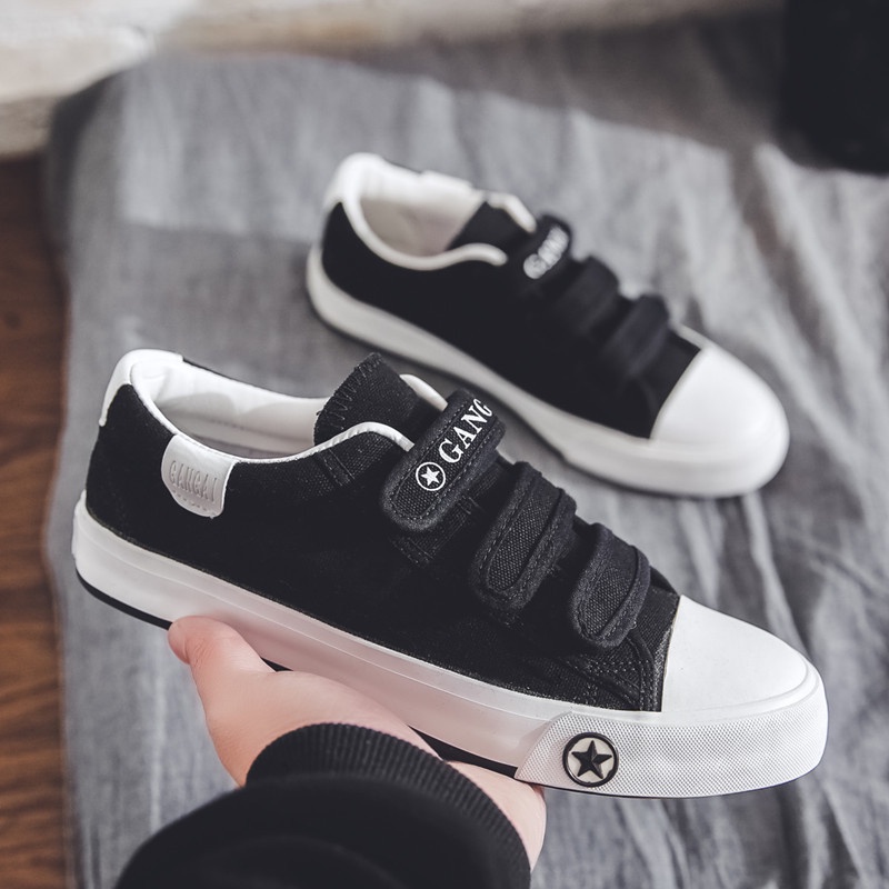 Ielgy Giày canvas Mũi Tròn Đế Phẳng Khóa Dán Phong Cách preppy Cho Nam