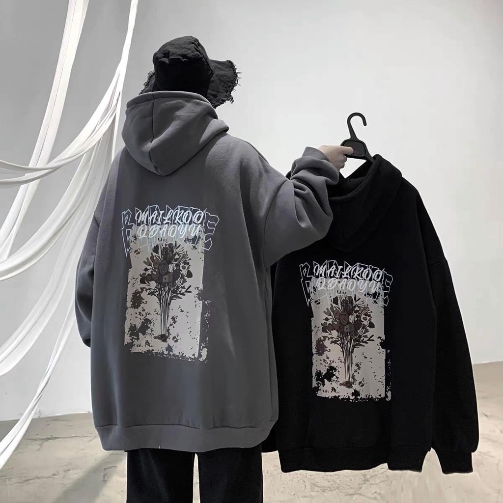 Hoodie Hoa Hồng Tay Bồng Dáng Rộng Mũ To Nam Nữ Unisex Basic Form To Hot Trned