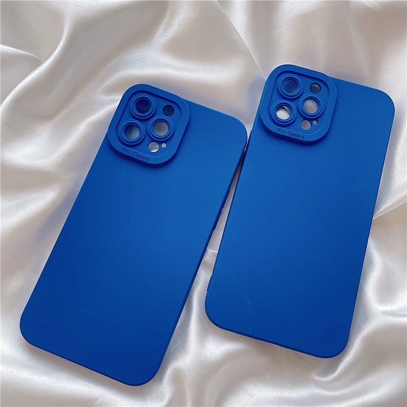 Ốp điện thoại silicon mềm màu xanh dương trơn bảo vệ camera cho iPhone 11 12 13 Pro Max X XS XR 7 8 Plus