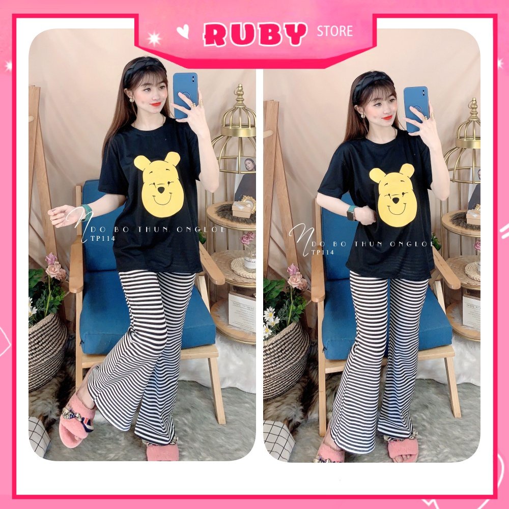 Đồ bộ thun dài ống loe sọc hot chất thun mềm mát in hình hoạt hình dễ thương TP114