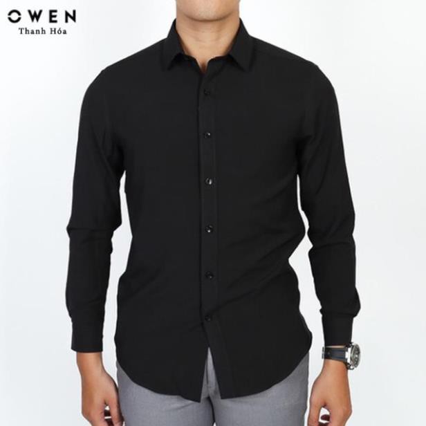 OWEN - Áo sơ mi dài tay Owen regular fit màu đen trơn 90646  ༷