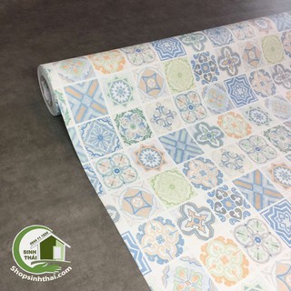 Giấy dán tường giả gạch bông hoa cổ điển màu xanh - [ 50cm x khổ 1,2m ] cắt liền thành 1 tấm tùy theo số lần đặt