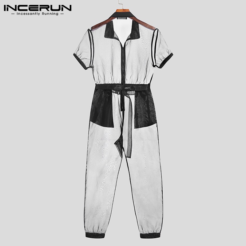 Jumpsuit INCERUN tay ngắn thiết kế xuyên thấu phối khóa kéo gợi cảm cho nam
