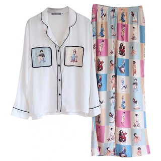 Bộ ngủ lụa Pijama dài tay hoạ tiết cô gái hàng cao cấp