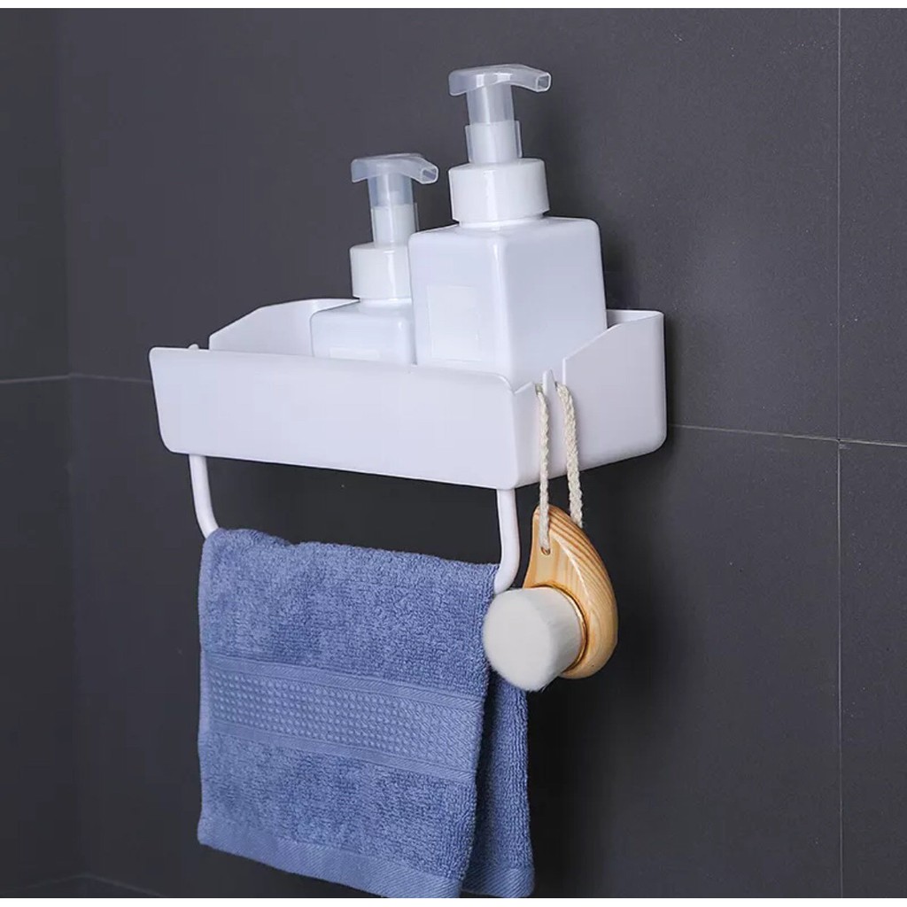 Kệ nhà tắm đa năng KOSKO gắn tường không cần khoan đục chịu lực 10kg có thanh vắt khăn và móc treo đồ linh hoạt, kệ đựng