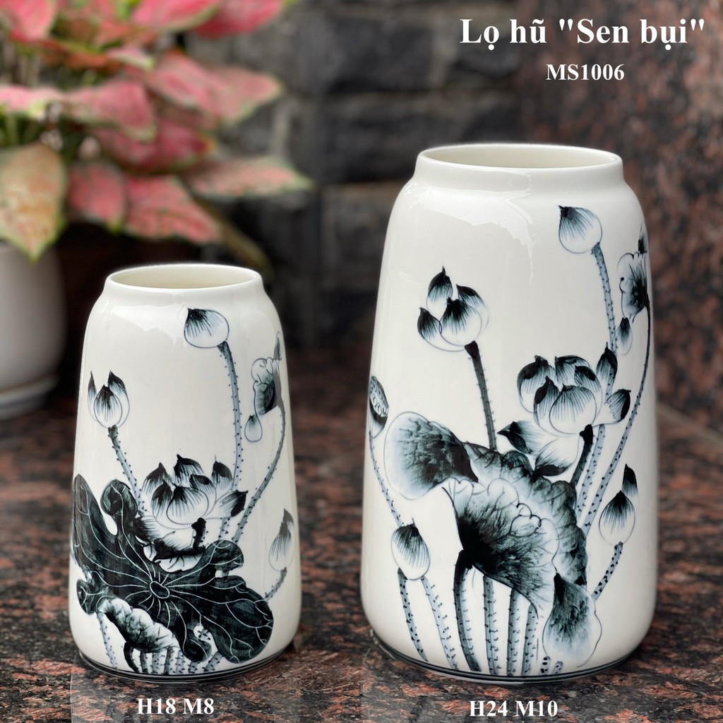 Lọ hoa vẽ sen bụi trang trí bình cắm hoa men cao cấp hàng chuẩn Bát Tràng  - Decor Gốm sứ Đinh Long