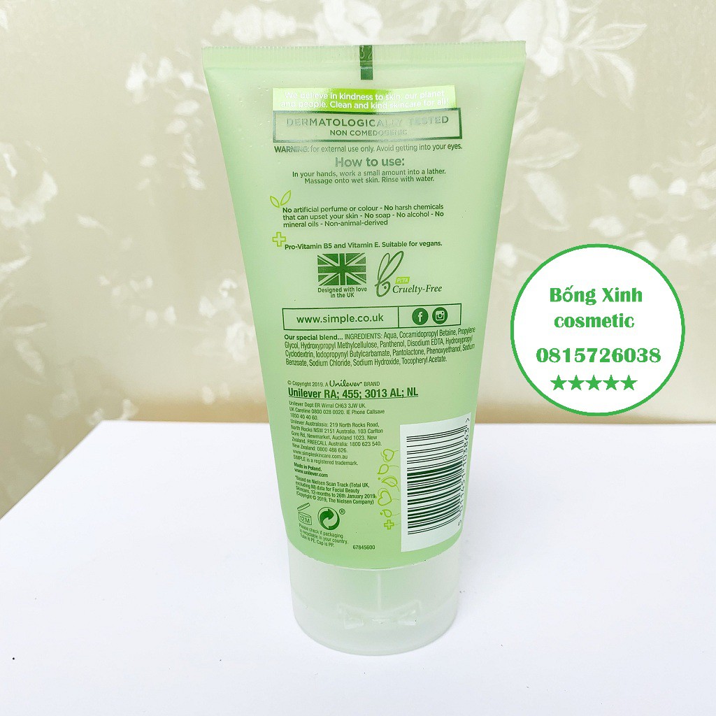 Sữa Rửa Mặt Simple Gel Kind To Skin Refreshing Facial Wash Gel 150ml