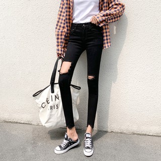 Quần bò ulzzang quần jean rách màu đen cá tính Nữ