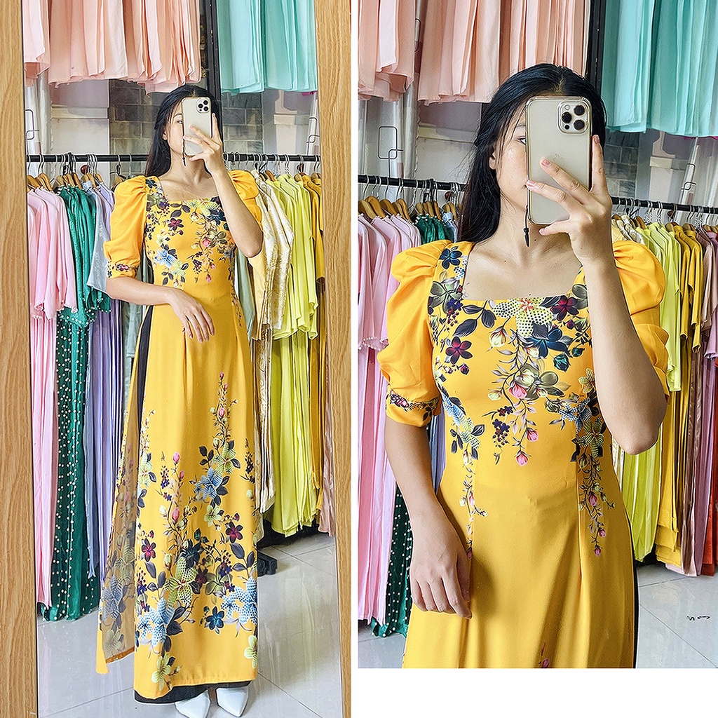 Áo dài hoa nhí tay phồng tay bồng cổ vuông xinh xắn vintage