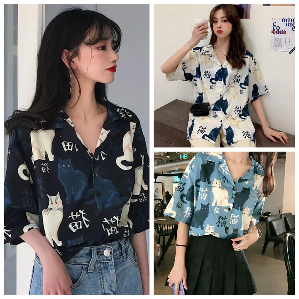 Áo sơ mi nữ in 3D cổ bẻ tay ngắn - lỡ dáng ulzzang freesize form rộng unisex mặc cặp, nhóm, in HÌNH MÈO