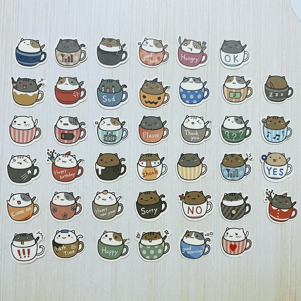 Sticker mèo cốc xinh xắn dán trang trí laptop, máy tính bỏ túi, vali, điện thoại, đàn ghita, hộp