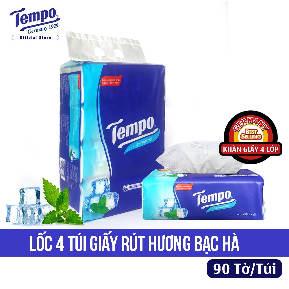 Lốc 4 Gói Khăn Giấy Rút  Tempo Hương Bạc Hà (Giấy 4 Lớp) - 90 Tờ/ Gói