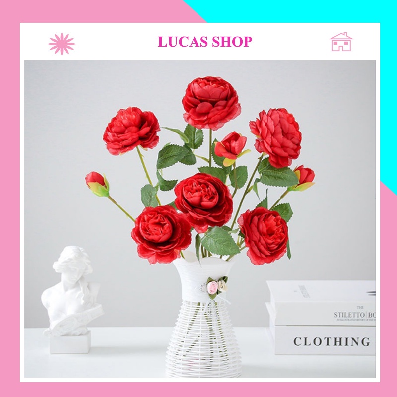 Hoa Giả - Combo 5 cành Hoa Hồng Lụa Lucas 65cm trang trí nhà cửa, studio đẹp, bền, sang trọng
