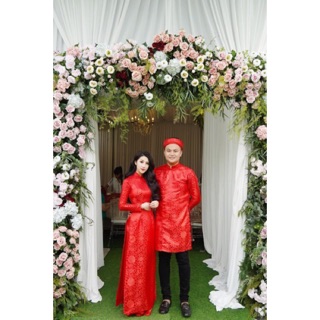 Cặp áo dài Gấm cưới nam nữ kèm quần nữ