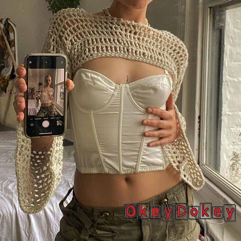 Áo Croptop Dệt Kim Tay Loe Phong Cách Cổ Điển Thời Trang Harajuku 90s 00s Grunge2K Cho Nữ
