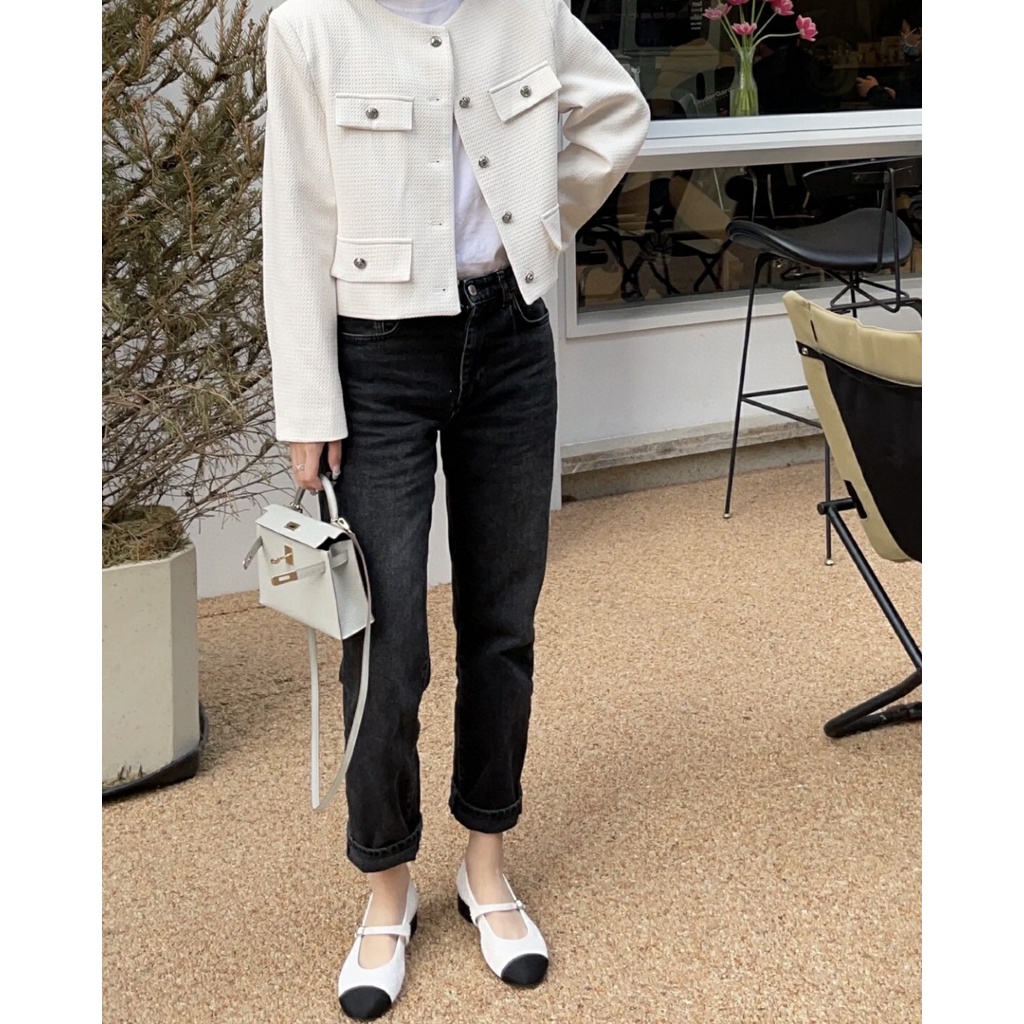 Giày Búp Bê MARY JANES Nhung &amp; Da Bò Đính Ngọc Trai Giả Màu Trắng &amp; Đen Không Hộp