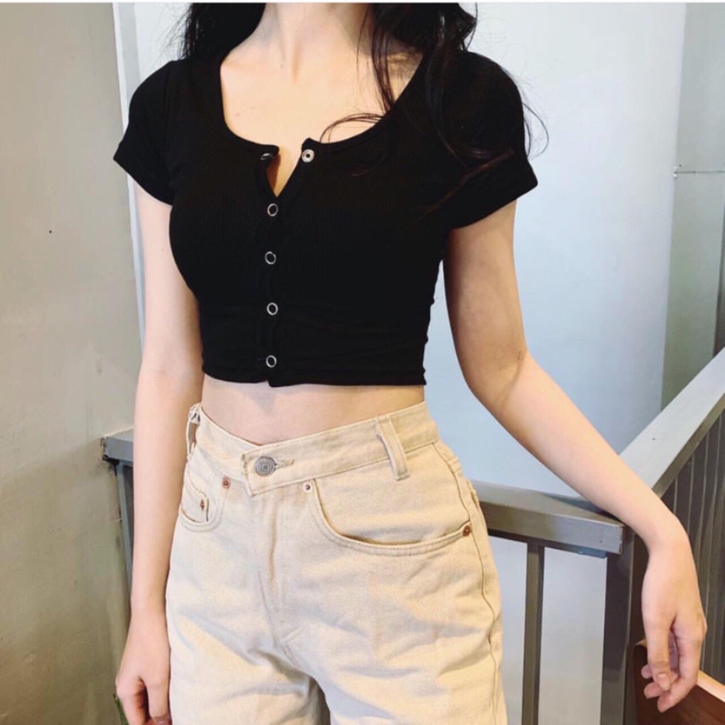 Áo Croptop Tay Ngắn Pinkstore29 Kiểu Cúc Bấm Cổ Tròn, Dáng Ôm Body A5214