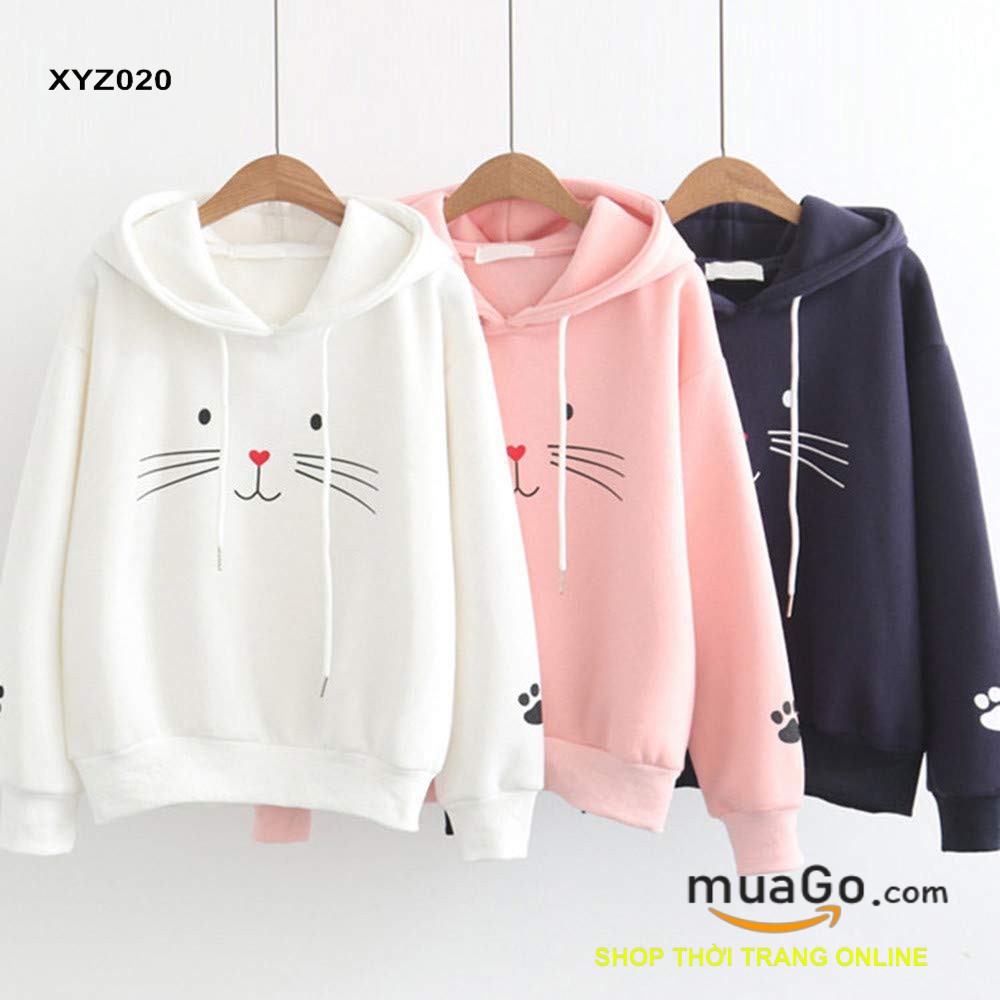 Áo khoác nỉ hoodie hình Con Mèo màu trắng, hồng đen dễ thương, ÁO KHOÁC NỈ HÌNH MÈO  - XYZ020