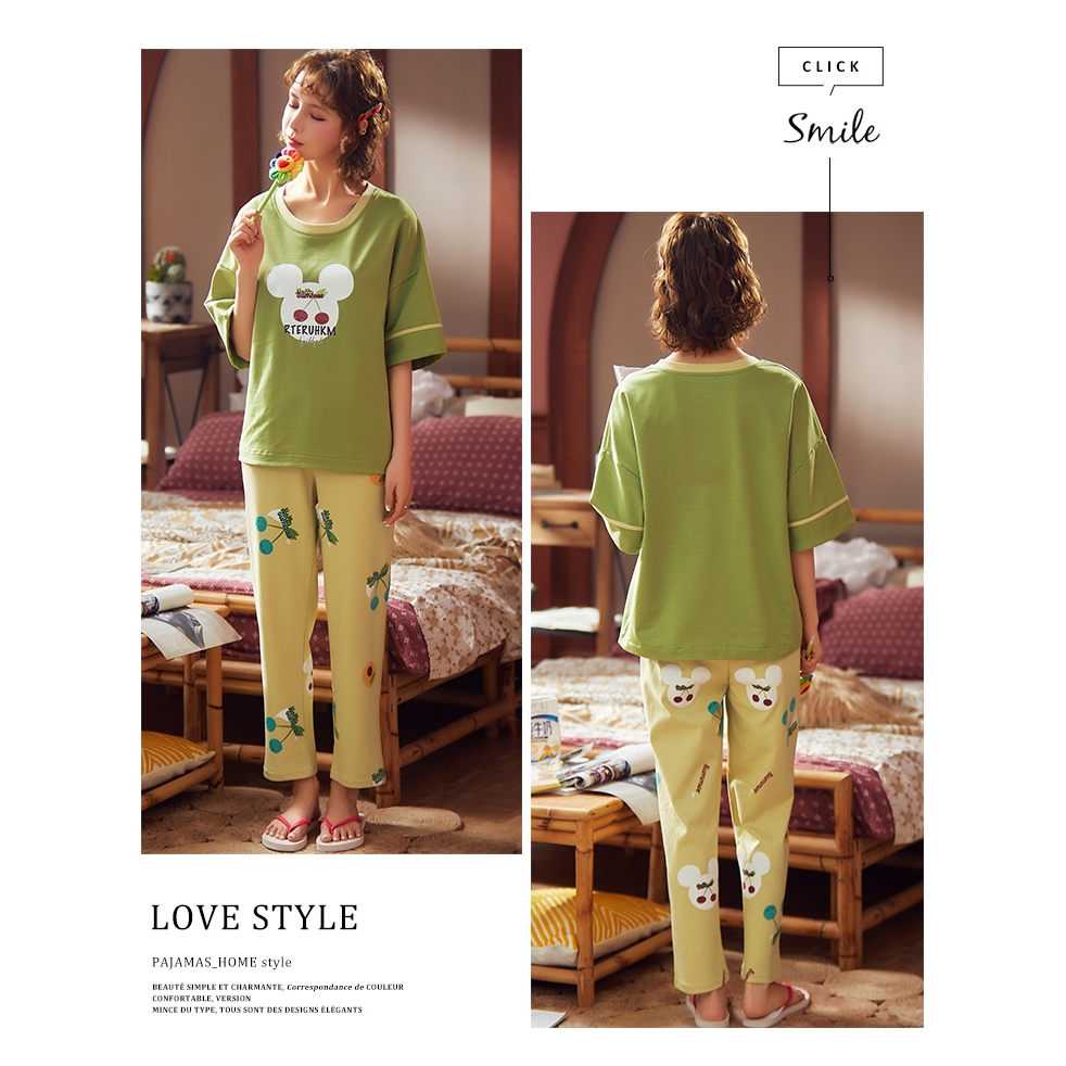 Set Đồ Ngủ Cotton Ngắn Tay In Họa Tiết Hoạt Hình Xinh Xắn Dành Cho Nữ