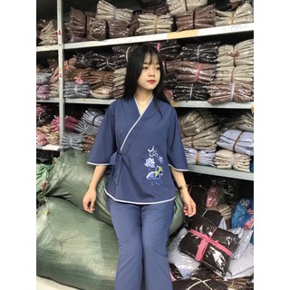 đồ lam đi chùa, thời trang nữ, đồ bộ , xéo cột nơ có thêu sen