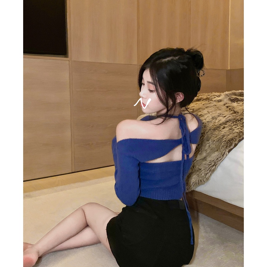 Set áo dệt kim 2 mảnh ZHELIHANGFEI cổ ngang hở vai eo cao gợi cảm