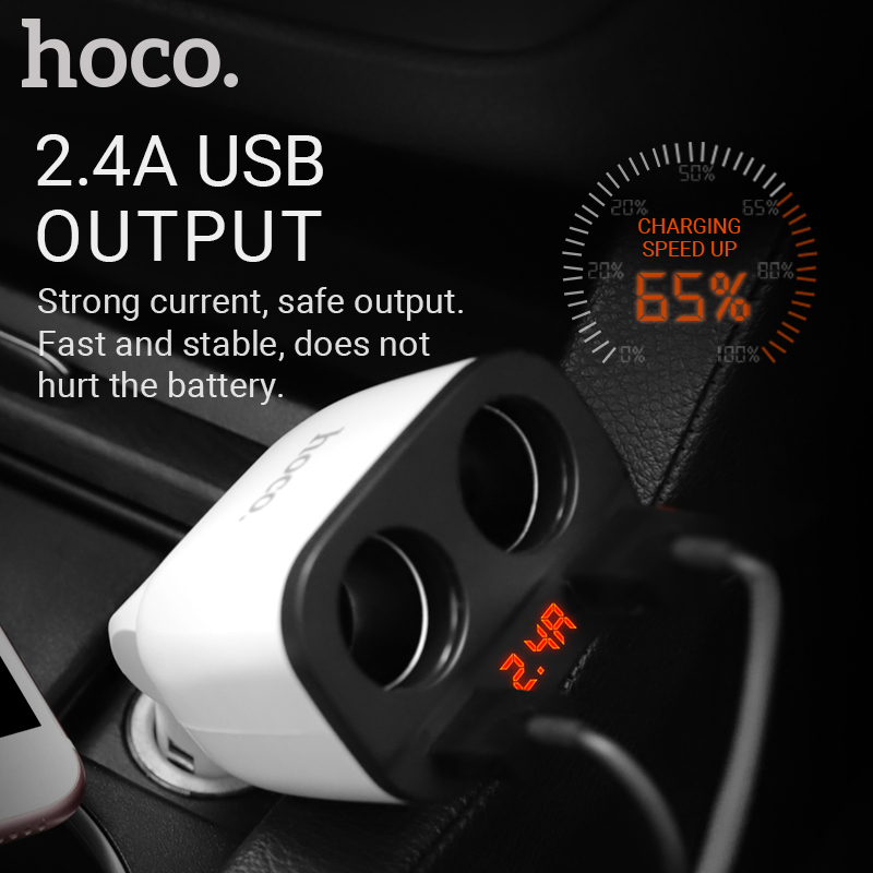 Cốc Sạc Hoco. Z28 Hai Cổng USB Có Màn Hình LED Dành Cho Điện Thoại Di Động iPhone Oppo Dùng Trong Xe Hơi