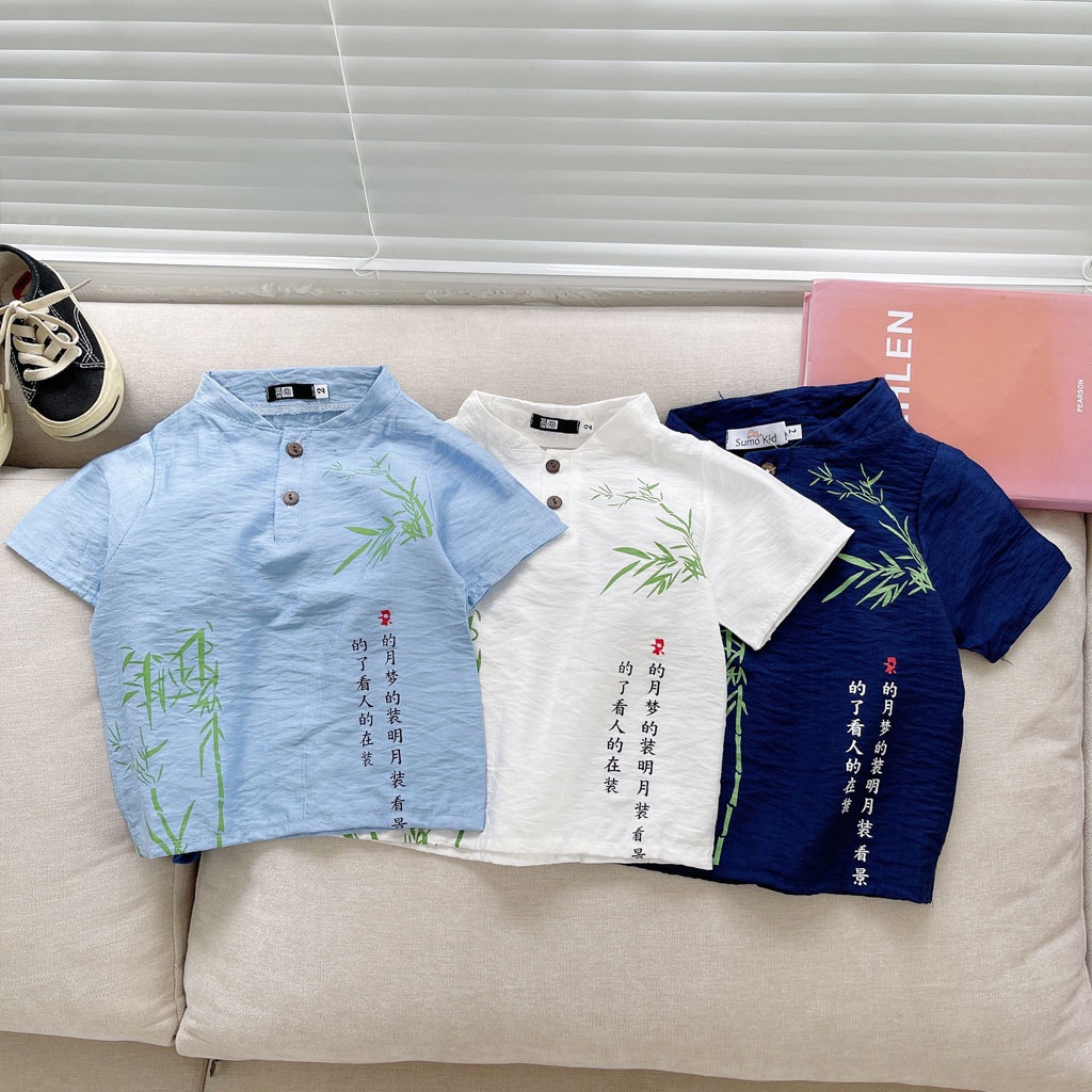 Đồ bộ bé trai LiLa Kids , Bộ cộc tay cho bé chất đũi in hình cây tre cực đẹp cho bé từ 6-28kg