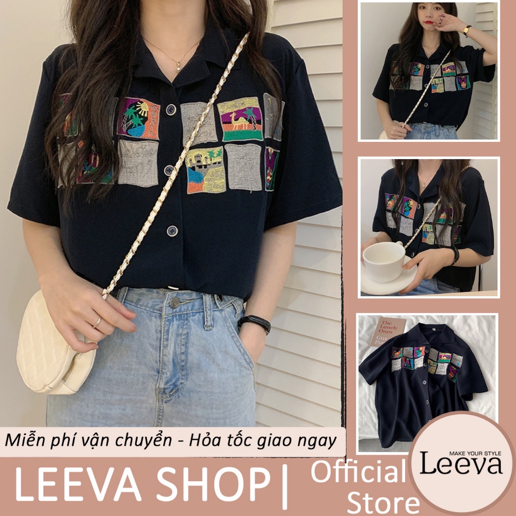 LEEVA - Áo sơ mi nữ đen họa tiết thêu hình cá tính L245