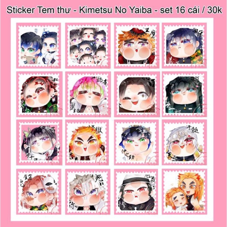 Sticker tem thư Kimetsu no yaiba 16 cái khác nhau/ / hình dán tem thư anime Kimetsu no yaiba