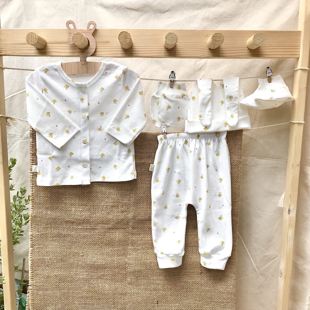 Set 5 chi tiết bộ dài tay sơ sinh cotton cao cấp cho bé sơ sinh 0-3 tháng