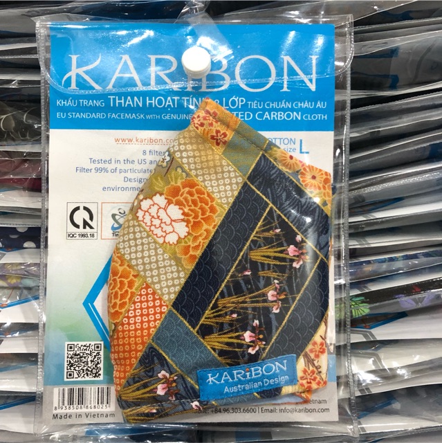 Khẩu trang Karibon Cotton họa tiết Nhật Bản có than hoạt tính 8 lớp phong cách Nhật Bản.