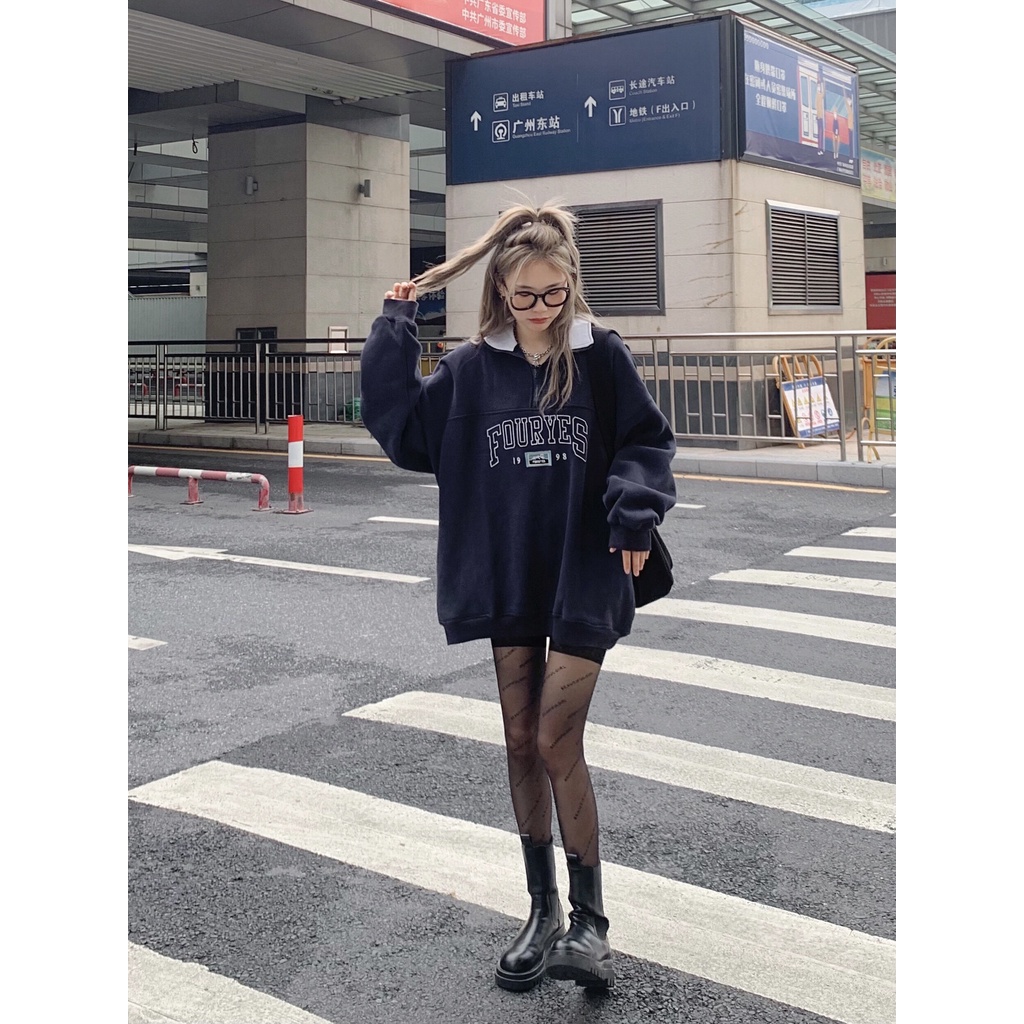 Áo sweater tay bồng khóa cổ FOURYES dáng rộng unisex/ Áo nỉ thu đông in họa tiết chữ trẻ trung năng động_Nano Ulzzang | BigBuy360 - bigbuy360.vn