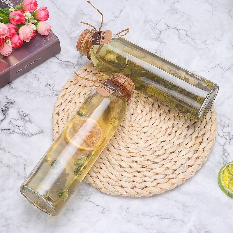 Lọ thuỷ tinh vai tròn nút gỗ đựng trà, nước ép (350ml)
