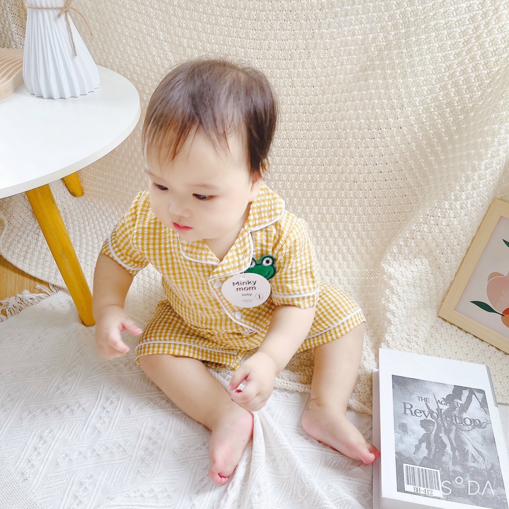 Bộ Quần Áo Bé Gái, Bé Trai KIMCHIBABY Vải Thô Mềm Hoạ Tiết Kẻ Mặt Gấu, Pyjama Cho Bé Mặc Nhà Hè CK04