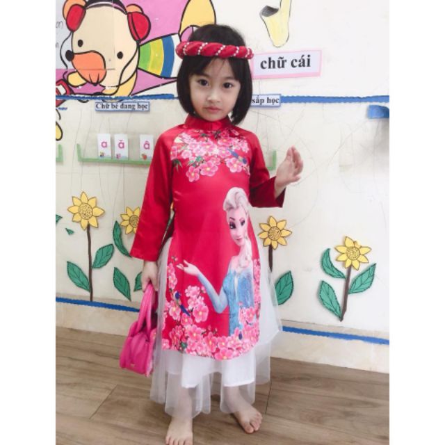Áo dài gấm 3D hình công chúa Elsa + váy voan 2 lớp+ mấn ngọc cho bé