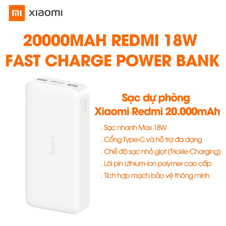 Pin Sạc Dự Phòng Xiaomi Redmi Power Bank 20000 mAh 18W - Chính hãng- BH 6 tháng