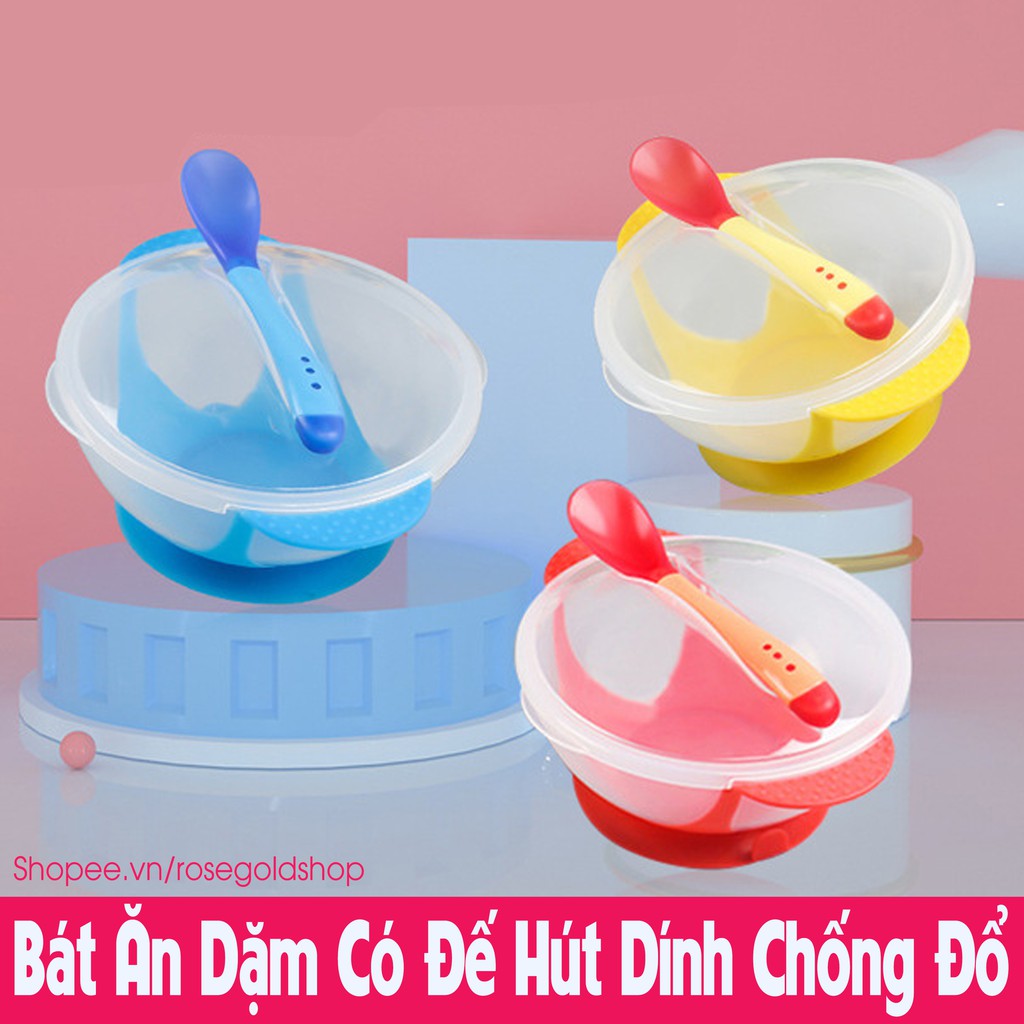 Bát Ăn Dặm Có Đế Hút Dính Chống Đổ Có Kèm Thìa Báo Nóng